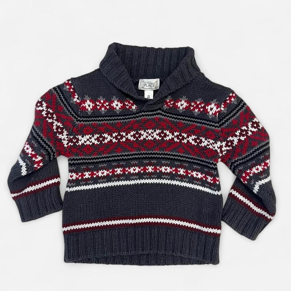 Children's Place Fair Isle Grey and Red Pullover Sweater